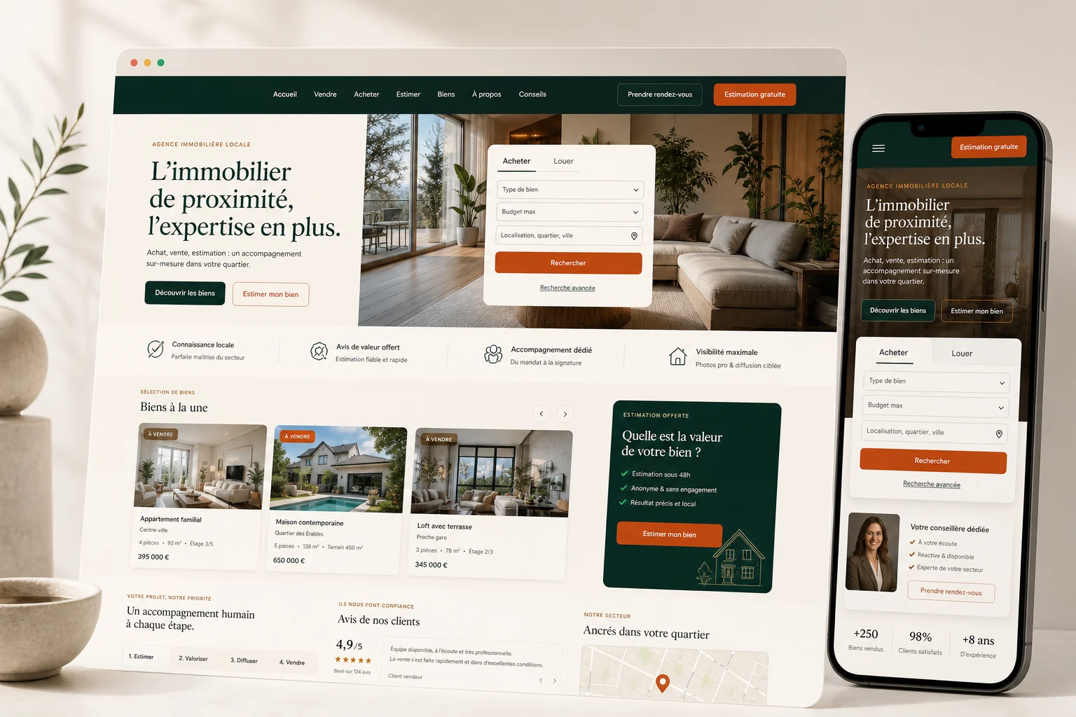 Exemple de site premium immobilier avec estimation, biens et suivi mobile