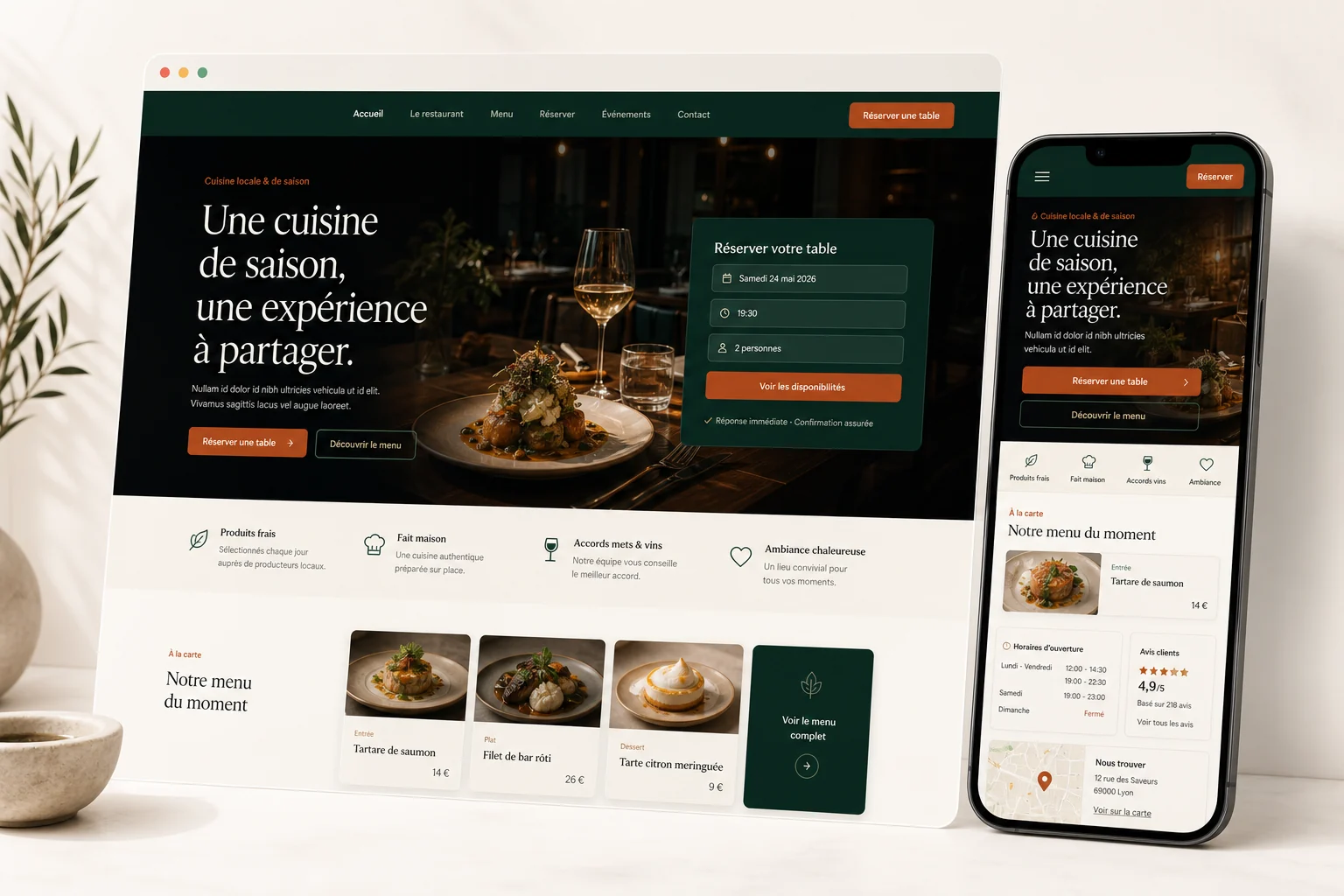 Exemple de site premium pour restaurant avec réservation, menu et version mobile